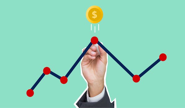 Illustration of a hand drawing a financial graph with a rising dollar coin.